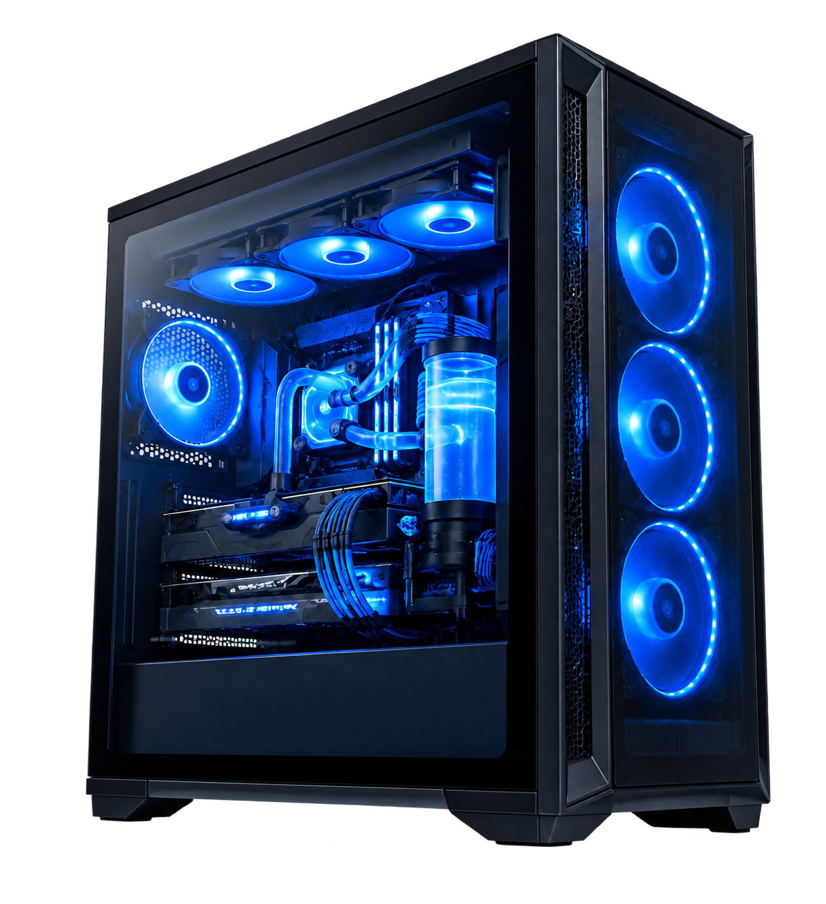 PC gaming rakitan ZeeTech dengan pencahayaan biru